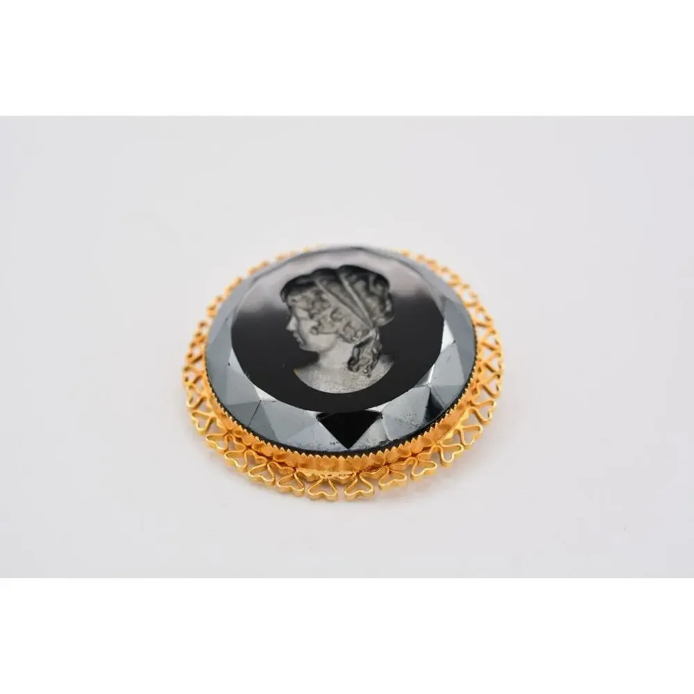 Vintage Cameo Pin Brooch Black Lucite Gunmetal Crystal Round Gold Tone 80s BinAT